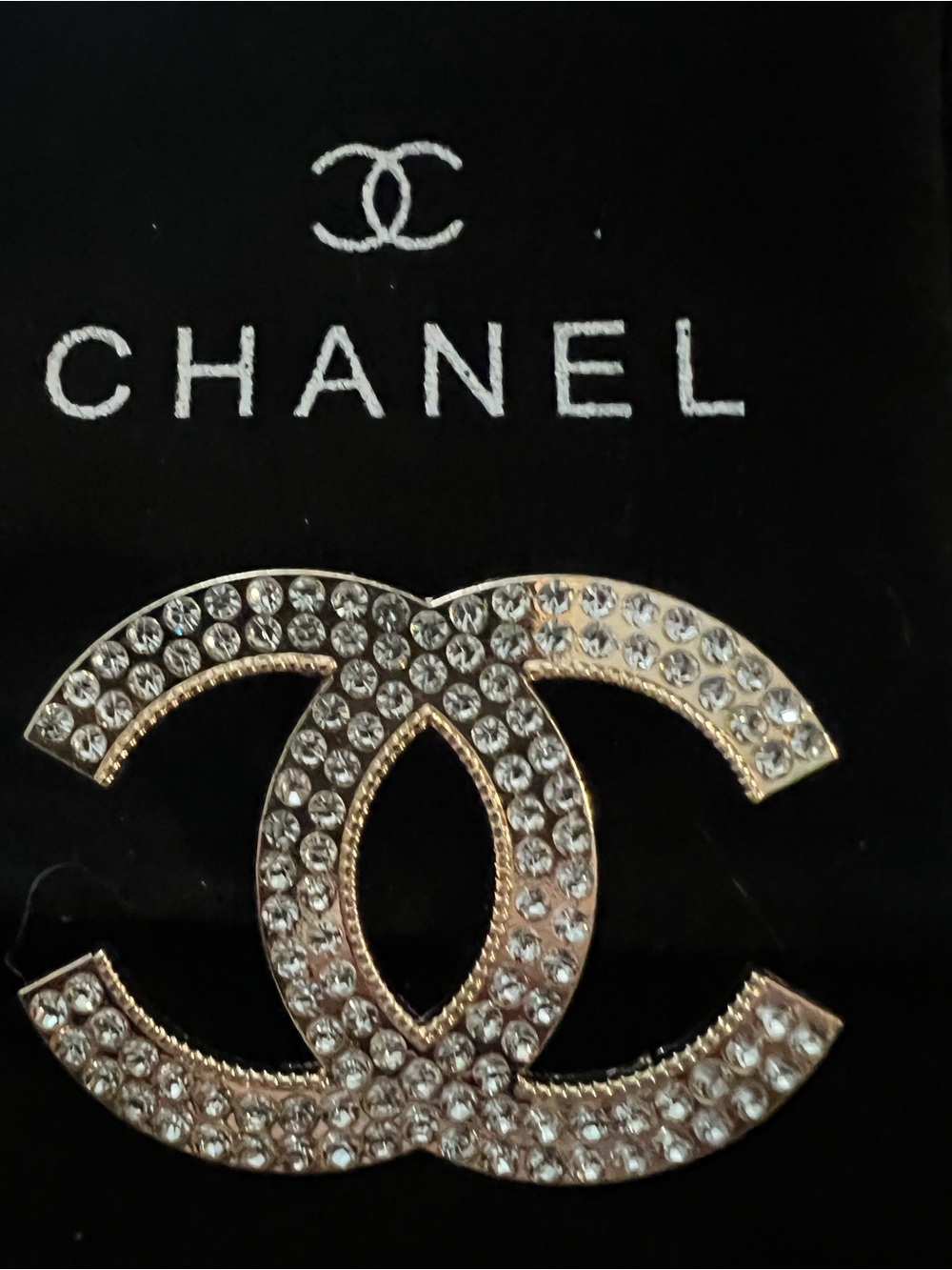 CHANEL Gold-Tone CC Logo Pin with Clear Crystals